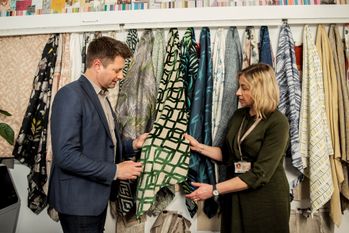 George Clarke and Yvonne Keal looking at Hillarys fabrics
