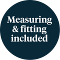 measure and fit in white coloured text on a dark blue circular icon