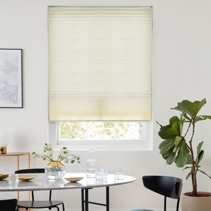Decorated against white walls are cream coloured plated blinds that have been installed on a big rectangular window in a dining room