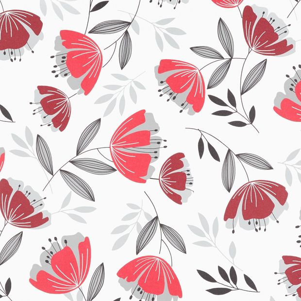 Tahani Chilli swatch is a white base featuring a bright red poppy design