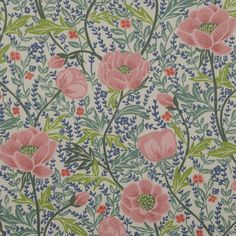 Willow Wildflower swatch is full with light pink poppies, scattered between leaves of moss, sage and fir green