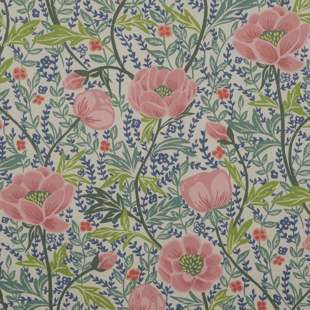 Willow Wildflower swatch is full with light pink poppies, scattered between leaves of moss, sage and fir green
