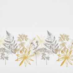 Eden Dandelion swatch is a white base with a pattern of floral blooms in grey and rich yellow