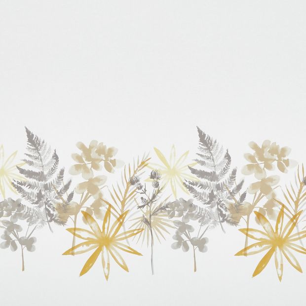 Eden Dandelion swatch is a white base with a pattern of floral blooms in grey and rich yellow