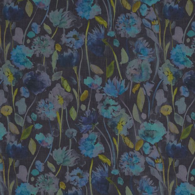 Grace Blackout Indigo is an inky blue base with an array of different blue flowers that have a watercolour look