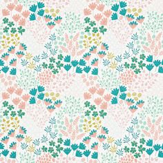 Lorena Bloom swatch is a white background with peachy coloured flowers and petals, with sprigs of leaves in turquoise and green