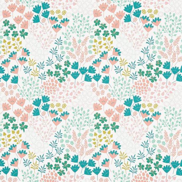 Lorena Bloom swatch is a white background with peachy coloured flowers and petals, with sprigs of leaves in turquoise and green