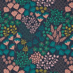 Lorena Night Garden swatch is a dark grey-black background with peachy coloured flowers and petals and sprigs of green and turquoise leaves