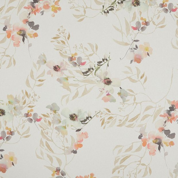 Madeline Blush swatch is a nude background, featuring blush pink flowers, and neutral coloured leaves entwined between apple green and bright fuschia petals