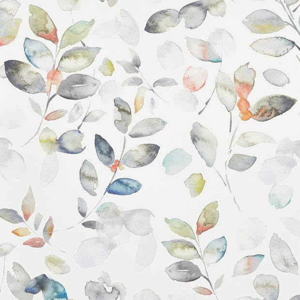 Matilda Oyster swatch is a leaf print in predominantly white and grey with dashes of blue and orange