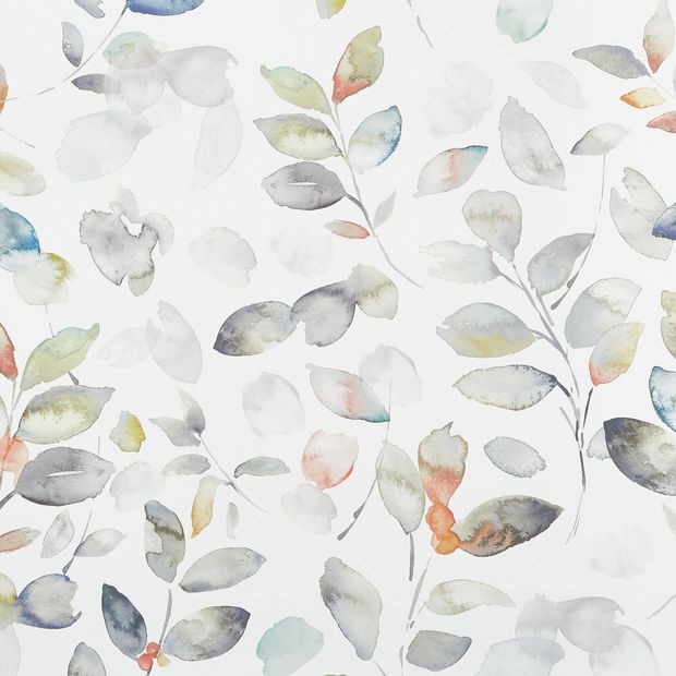 Matilda Oyster swatch is a leaf print in predominantly white and grey with dashes of blue and orange
