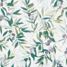 Close up swatch of a blind with a white background and various shades of green leaves with faded mauve coloured berries