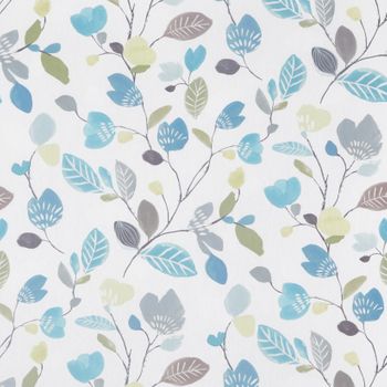 a repeating leaf and stem pattern in green, blue and gray on a white background