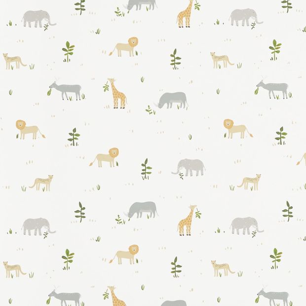 Safari Jungle swatch is a white background featuring tradtional african animals, like lions, giraffes and elephants, interspersed with simple trees