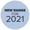 A blue round logo that says in black writing New range for 2021