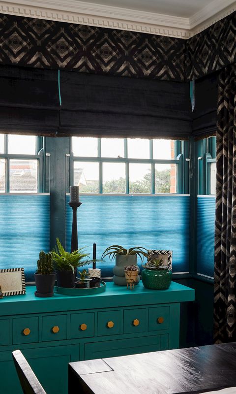 harkness gasoline roman blinds and pleated curtains, cley mole roman blinds and teal turquoise thermashade blinds