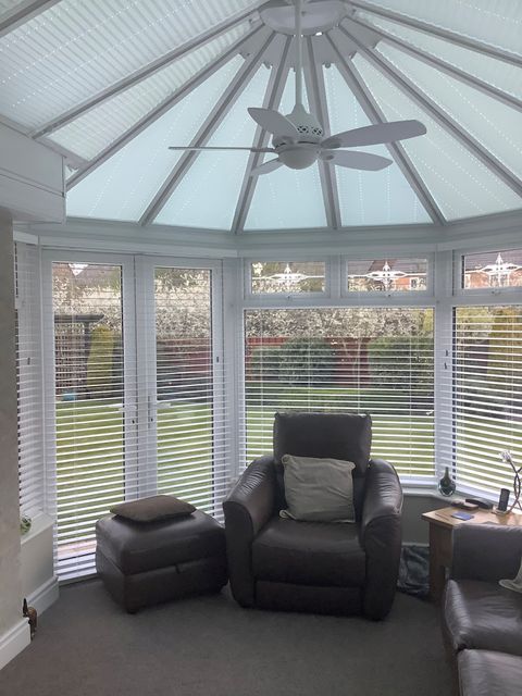 Local Middlesborough customer Glyn Pemberton's Conservatory blinds with leather armchair