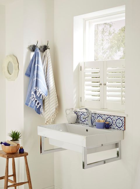 Café Style White Henley Shutters in a White Bathroom