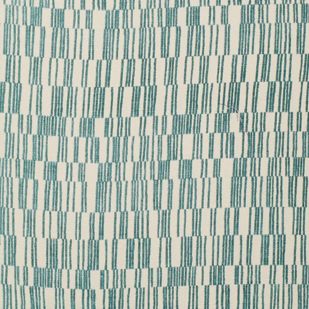 Lora Teal swatch has a teal velvet linear graphic pattern on a plain cream linen background