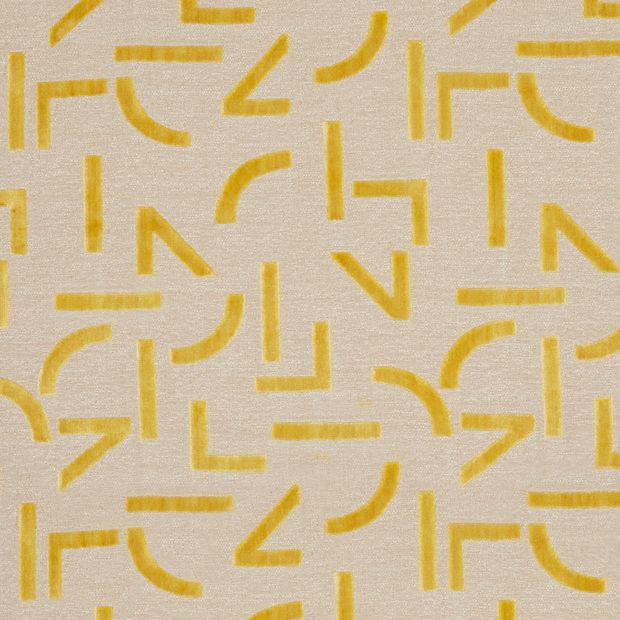 Mori Ochre swatch is a beige background with juxtaposing sleek lines with organic shapes in a golden yellow shade