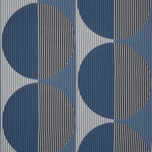Stella Navy swatch features different blues and greys and juxtaposes sleek lines with organic circular shapes