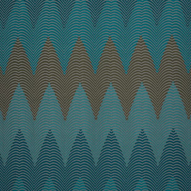 Zaha Deep Teal swatch features green, teal and brown thick zigzags with a wavy silver threaded horizontal pattern