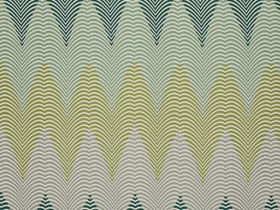 Zaha Forest swatch features shades of green and yellow thick zigzags with a wavy cream threaded horizontal pattern