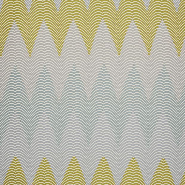 Zaha Sunrise swatch is a strong graphic pattern of thick zigzags in ochre and subtle greys
