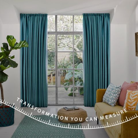 Tetbury teal curtains in large glass expanse with and clashing mustard crushed velvet sofa and accessories and whitetransformation you can measure tape measure overlay across