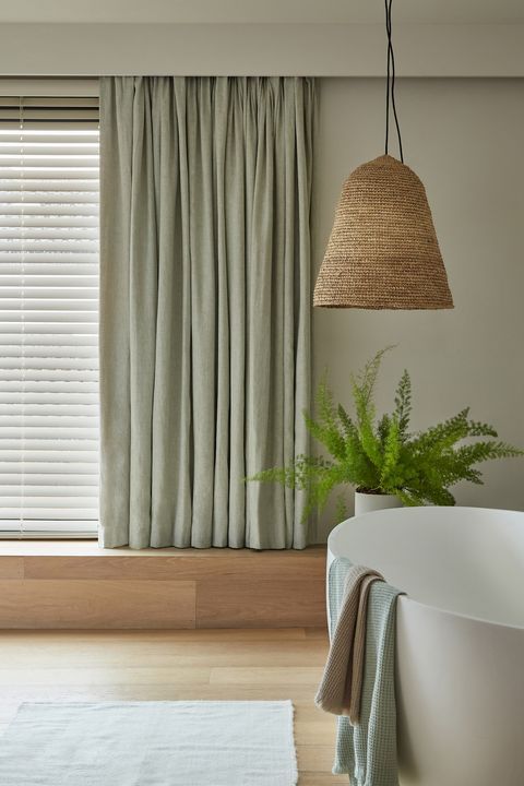 Pure Serene Eucalyptus faux wood venetian Zen Whisper in a bedroom window