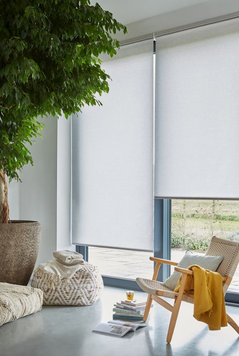 Revive Pumice roller blind in a lounge window , next to a plant.