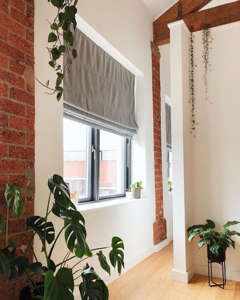 Grey Roman blinds in white room with exposed brick and beams and plants