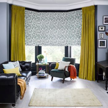 Lyon sulphur curtain and deliza teal roman blind in large bay window