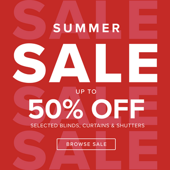 square summer sale banner 50% off selected blinds, shutters and curtains