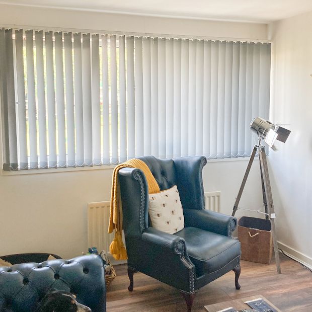 Acacia Light grey vertical blinds on small window in living room