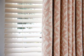 terrazzo dogwood curtains paired with wood venetians