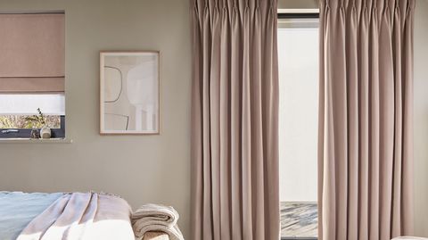 serene mauve pencil pleat curtains in bedroom