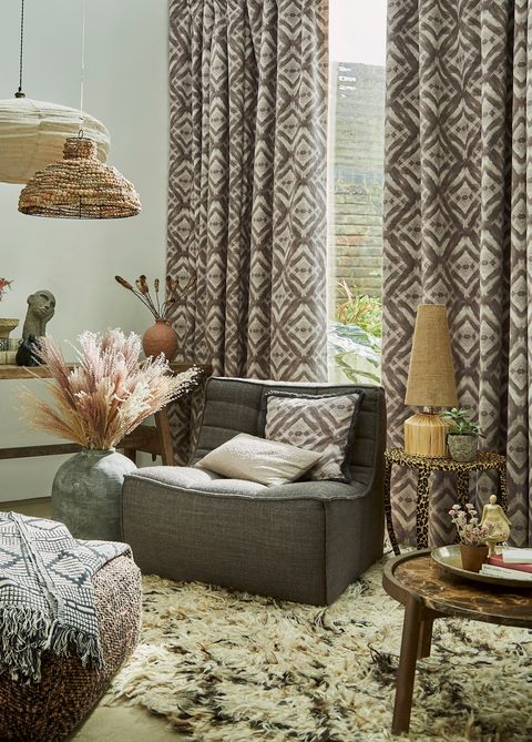 Harkness vapour curtains in modern rustic living room