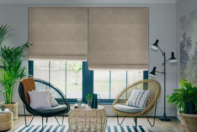Bamboo linen roman blinds in contemporary living room