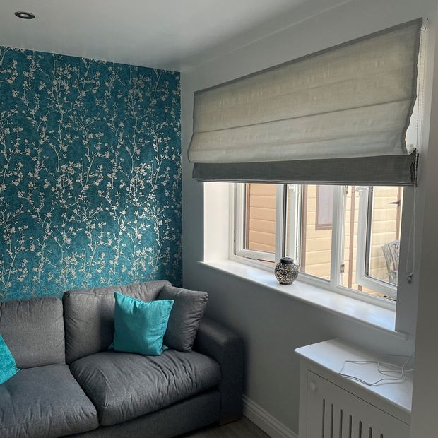 serenity seaglass voile roman blind in living room