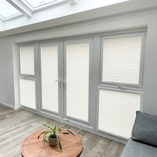 stratford white perfect fit pleated blinds in living room extension
