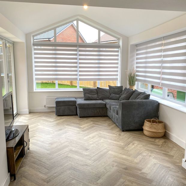 Prism Taupe day and night blinds in conservatory/extension
