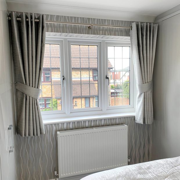 Bailey greige short curtains in bedroom