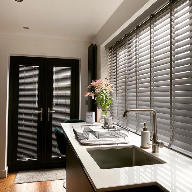 Spectrum charcoal grey perfect fit faux wood venetian blind in kitchen