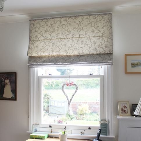 Adhara silver birch roman blinds fitted on home office window