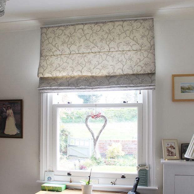 Adhara silver birch roman blinds fitted on home office window