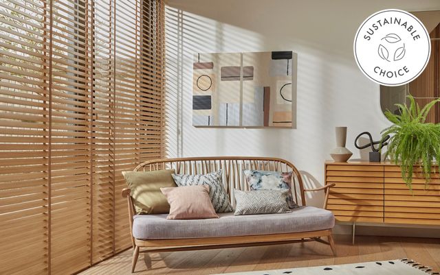 light brown sustainable wooden venetian blinds in living room