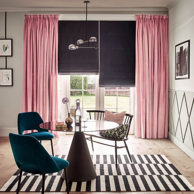 Darcia velvet rose curtains paired with allure midnight roman blinds in living room