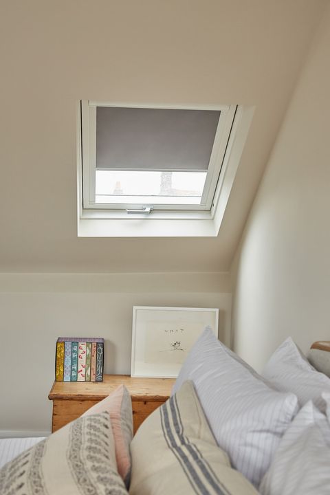 Cordova dove grey block skylight blinds in attic bedroom