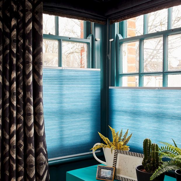 Harkness gasoline curtains, cley mole roman blinds and thermashade teal turquoise pleated blinds all paired together